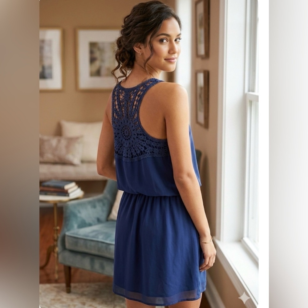 Naked Zebra navy Blue Sleeveless Dress with detailed crocheted back NWT